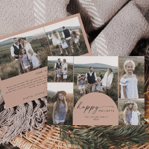 Modern Boho Arch Salmon Multi Photo Family News Holiday Card