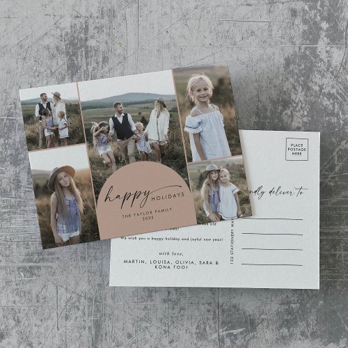 Modern Boho Arch  Salmon Multi Photo Family News Holiday Postcard