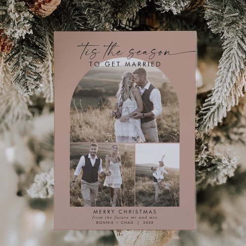 Modern Boho Arch Salmon Photo Collage Engagement  Holiday Card