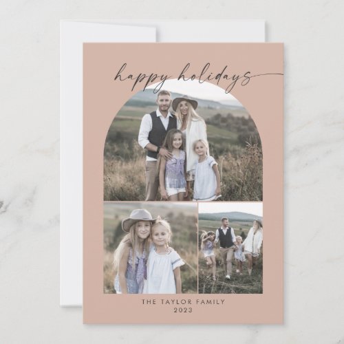 Modern Boho Arch  Salmon Photo Collage Family Holiday Card