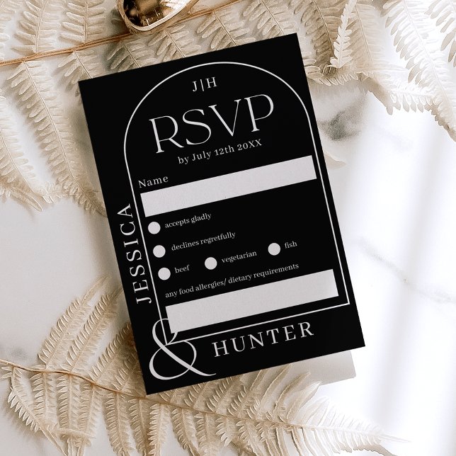 Modern boho arch  wedding black RSVP card (Creator Uploaded)