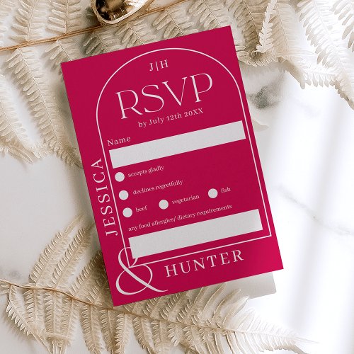 Modern boho arch  wedding bold magenta RSVP card