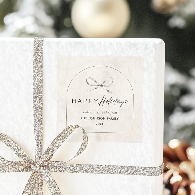 Modern Boho Arch with Bow Family Name Christmas  Square Sticker (Modern boho arch label with calligraphy script 'Happy Holidays' label.)