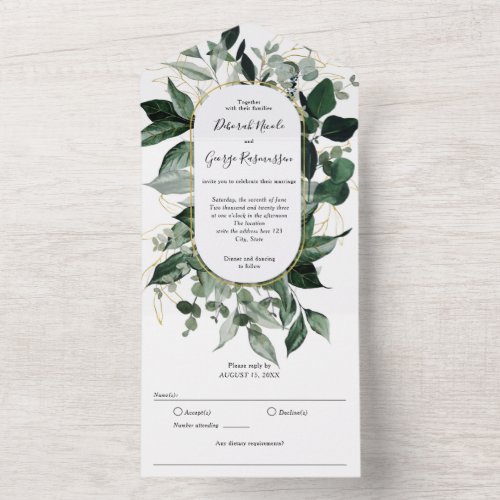 Modern Boho Arch with Watercolor Botanical Leaves All In One Invitation
