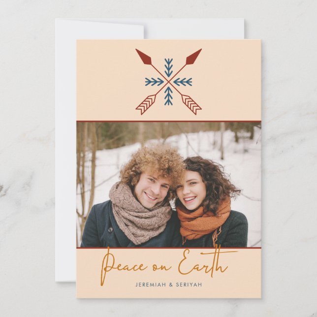 Modern Boho Arrows Peace on Earth Holiday Photo Card (Front)