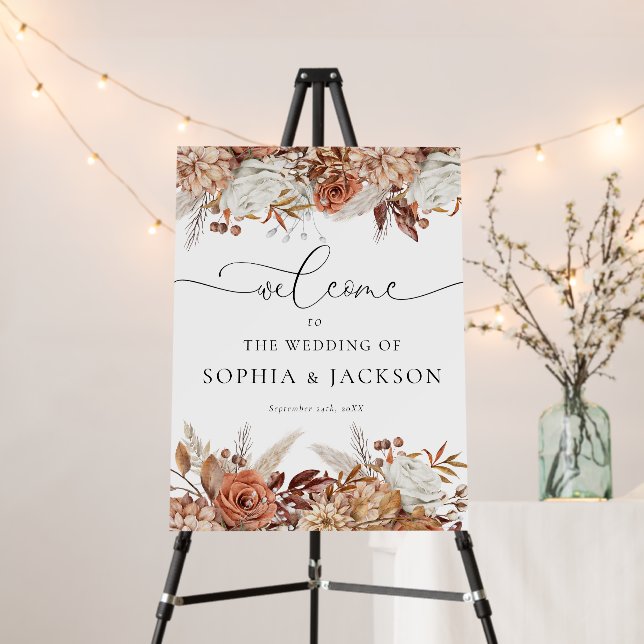 Modern Boho Autumn Floral Wedding Welcome Sign (In Situ (Stand))