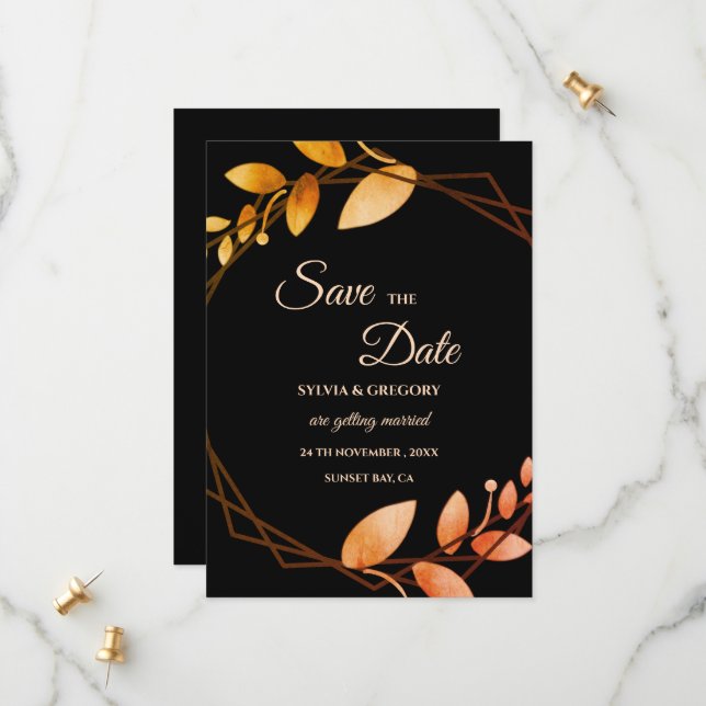 Modern Boho Autumn romance dark themed chic Save The Date (Front/Back In Situ)