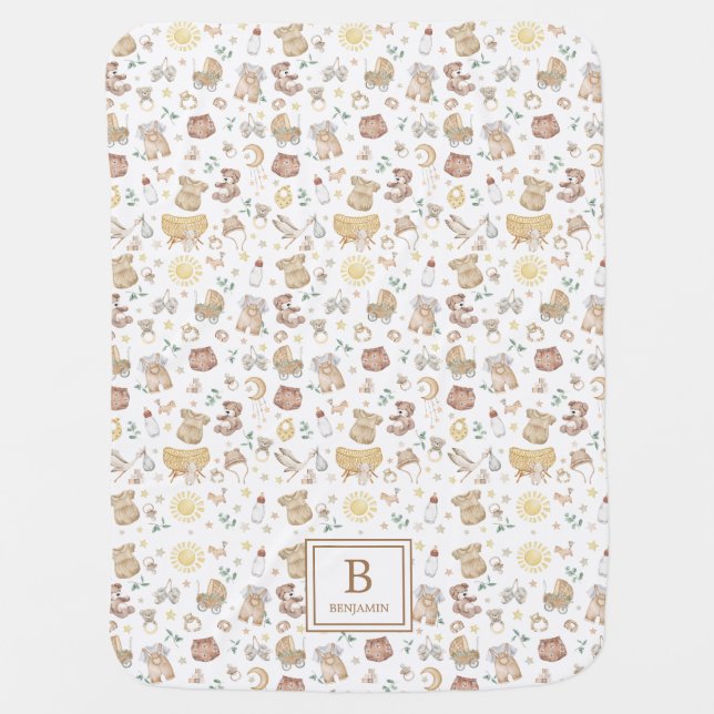 Modern Boho Baby Cloths Neutral Nursery Monogram Blanket (Front)