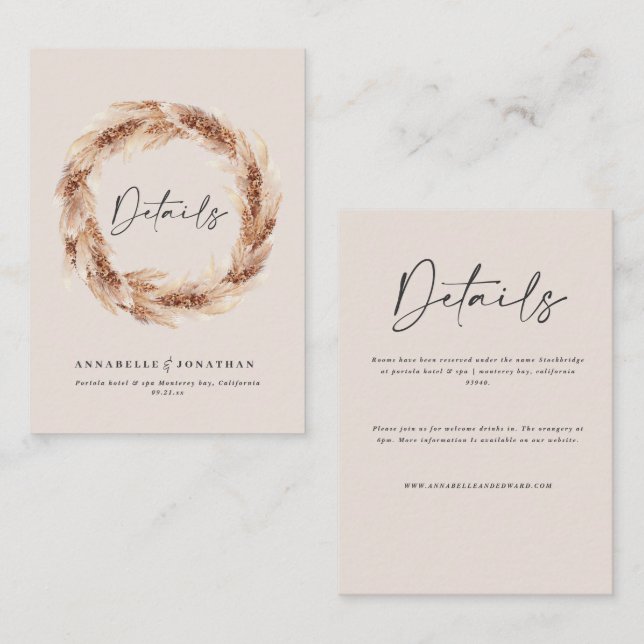 Modern boho barn pampas grass wedding details enclosure card (Front/Back)