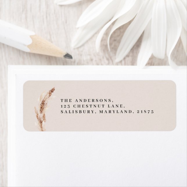 Modern boho barn pampas grass wedding  label (Insitu)