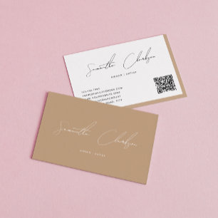Modern Boho Beige Handwritten Script QR code Business Card