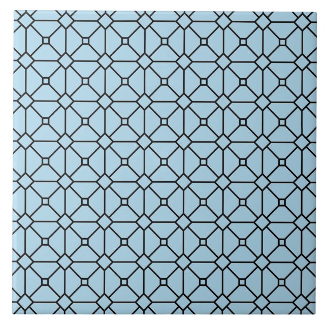 Modern Boho Black and Blue Pattern Rhombus Ceramic Tile (Front)