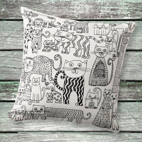 Modern Boho Black and White Cats Pattern Throw Pillow