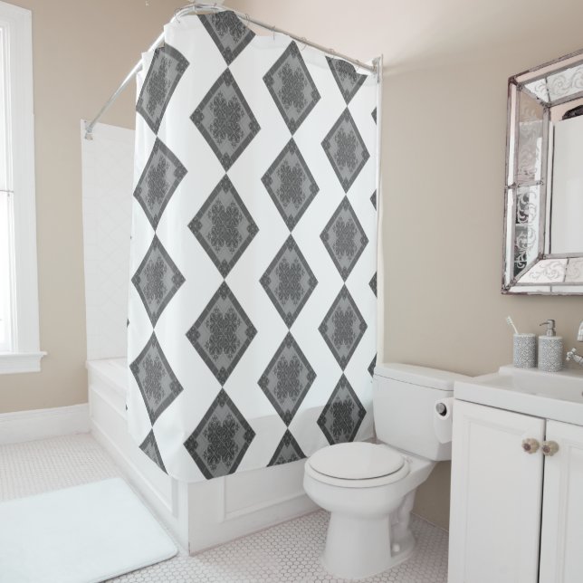 Modern Boho Black and White Pattern Rhombus Shower Curtain (In Situ)