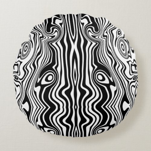 Modern Boho Black and White Pattern Strips Animal Round Pillow