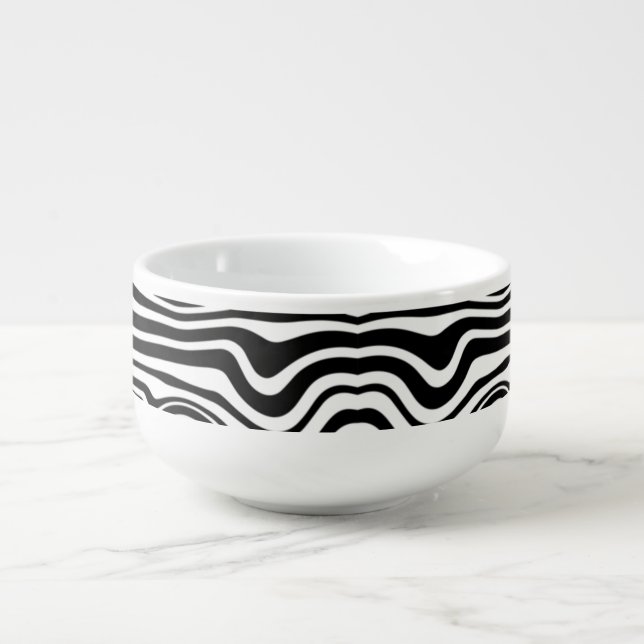 Modern Boho Black and White Pattern Strips Animal Soup Mug (Front)