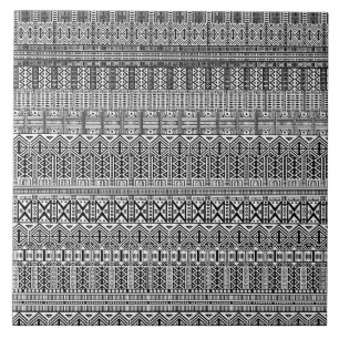 Modern Boho Black and White Pattern Strips Doodles Ceramic Tile