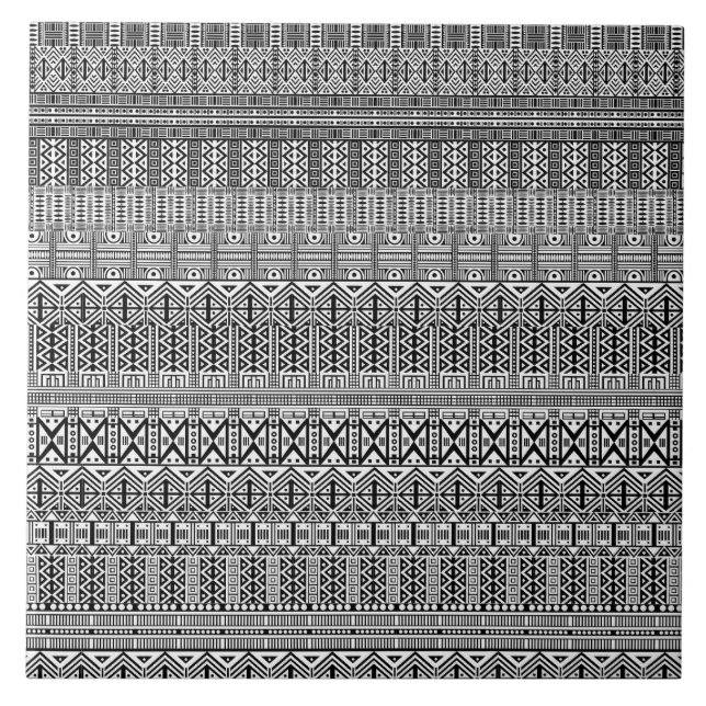 Modern Boho Black and White Pattern Strips Doodles Ceramic Tile (Front)