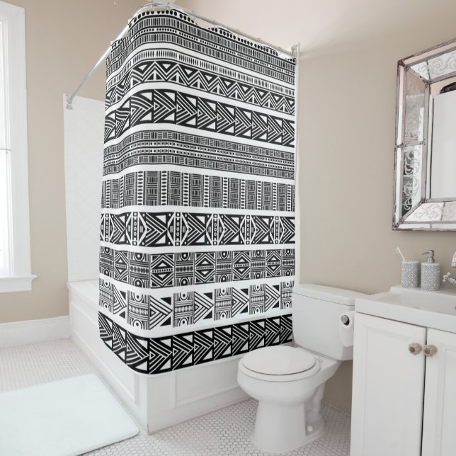 Modern Boho Black and White Pattern Strips Shower Curtain (In Situ)