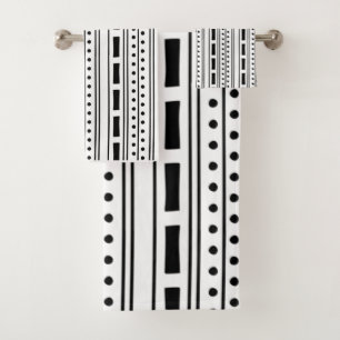 Modern Boho Black and White Stripe Pattern Bath Towel Set