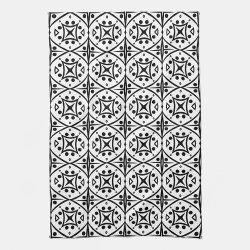 Modern Boho Black White Geometric Tile Pattern Kitchen Towel