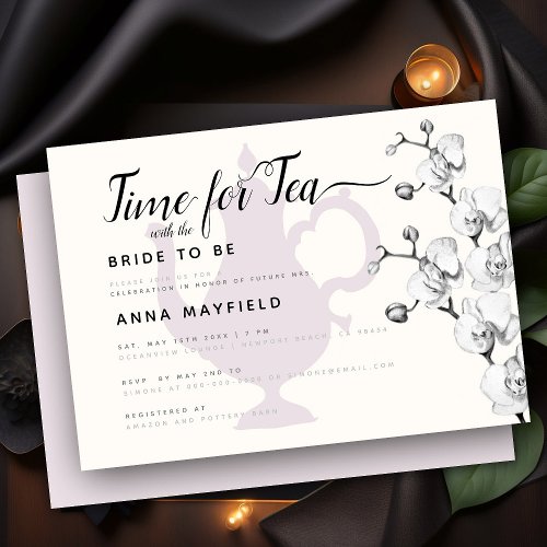 Modern Boho Black White Orchid Time for Tea Bridal Invitation