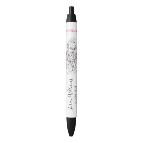 Modern Boho Black White Wavy Hair Style Floral  Black Ink Pen