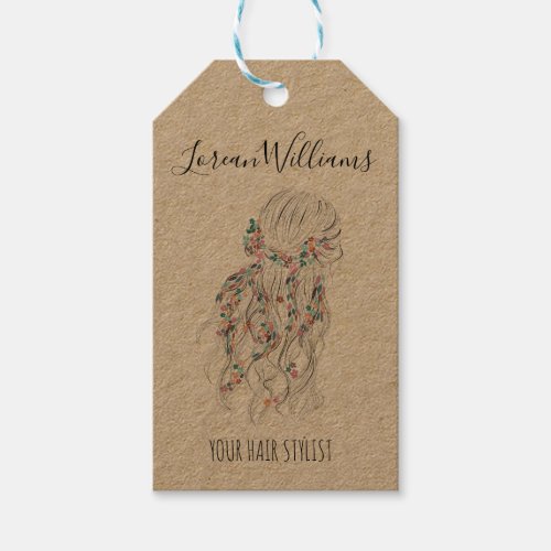 Modern Boho Black White Wavy Hair Style Floral Gift Tags