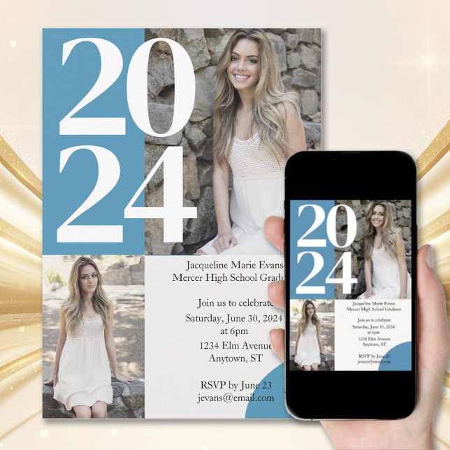 Modern Boho Blue 2 Photo Graduation Invitation (Creator Uploaded)