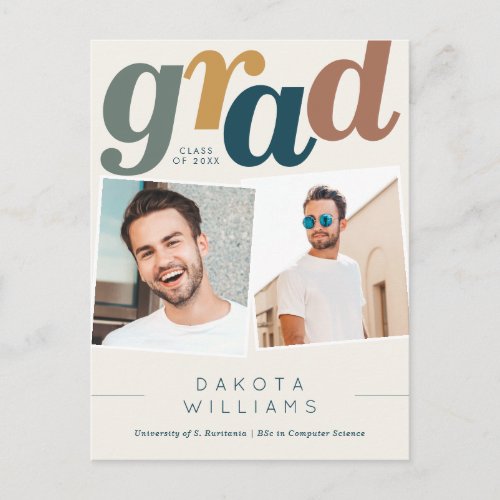 Modern Boho Blue  Beige Grad Photo Graduation Postcard