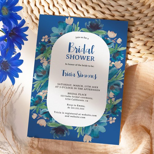 Modern Boho blue floral arch script bridal shower Invitation