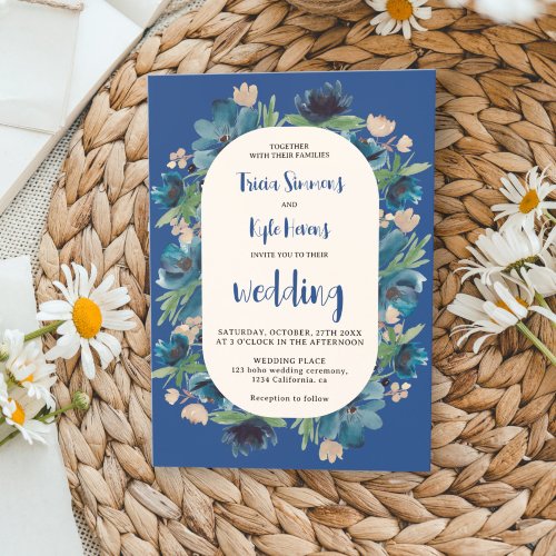 Modern Boho blue floral arch script wedding Invitation