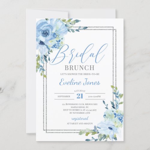Modern Boho blue floral silver frame Bridal brunch Invitation
