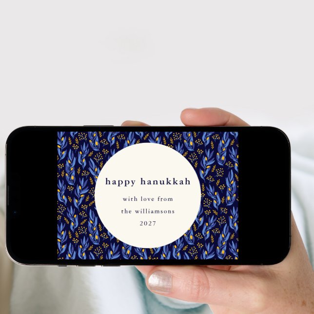 Modern Boho Blue Hanukkah Botanical Custom Blank Holiday Card (Front Digital)