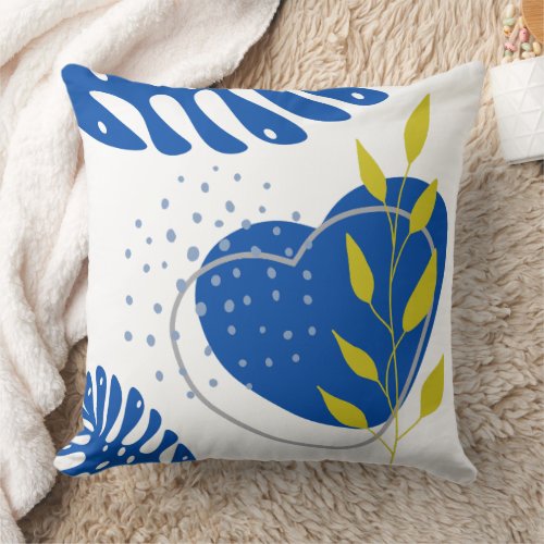 Modern Boho Blue Heart  Yellow Basic leaves  Throw Pillow