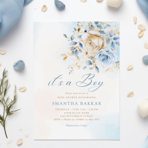 Modern Boho Blue Watercolor Floral Boy Baby Shower Invitation