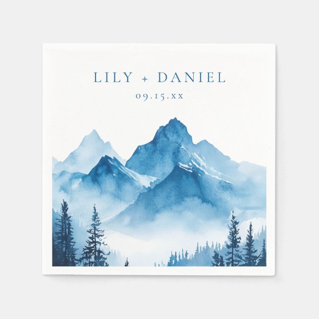 Modern Boho Blue Watercolor Mountains Wedding Napkins (Front)