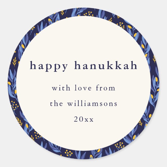 Modern Boho Blue Yellow Hanukkah Botanical Custom Classic Round Sticker (Front)