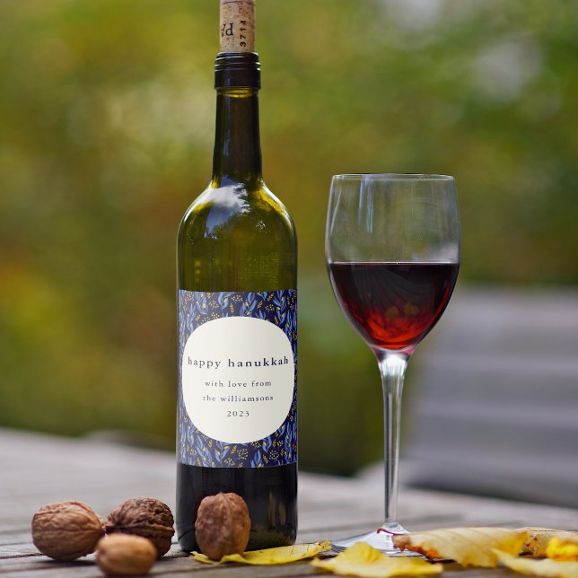 Modern Boho Blue Yellow Hanukkah Botanical Custom Wine Label (Creator Uploaded)