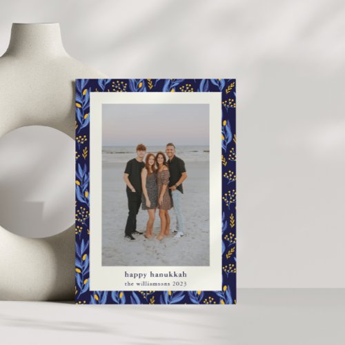 Modern Boho Blue Yellow Hanukkah Botanical Photo Holiday Card