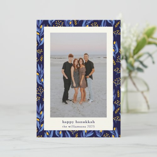 Modern Boho Blue Yellow Hanukkah Botanical Photo Holiday Card