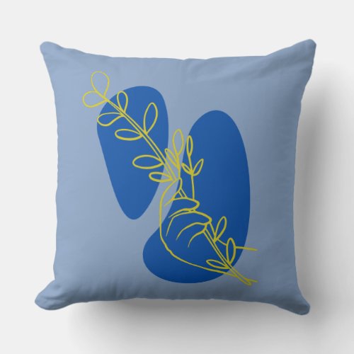 Modern Boho Blue  yellow vintage hand with leaves Throw Pillow
