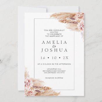 Modern Boho Blush Floral Pampas Grass Wedding Invitation by figtreedesign at Zazzle