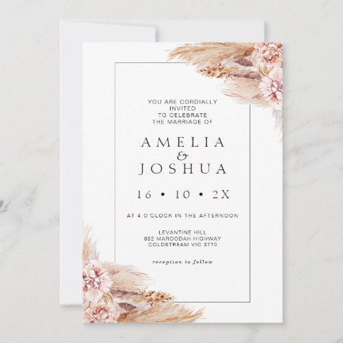 Modern Boho Blush Floral Pampas Grass Wedding Invitation