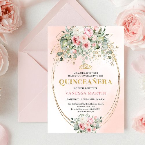 Modern Boho Blush Floral Quinceañera Invitation