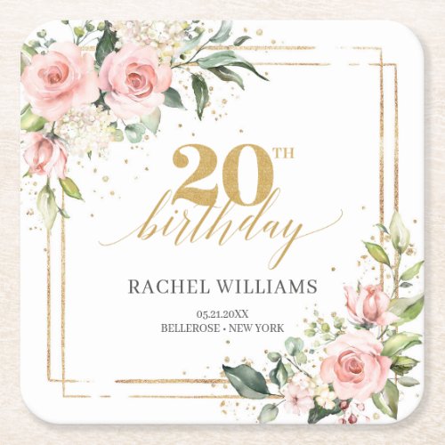 Modern Boho blush pink floral gold 20th birthday  Square Paper Coaster