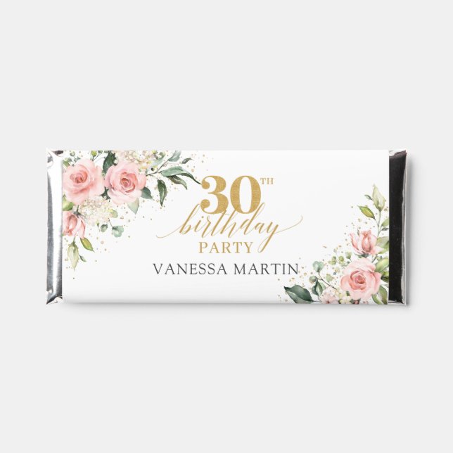 Modern Boho blush pink floral gold 30th birthday Hershey Bar Favors (Front)
