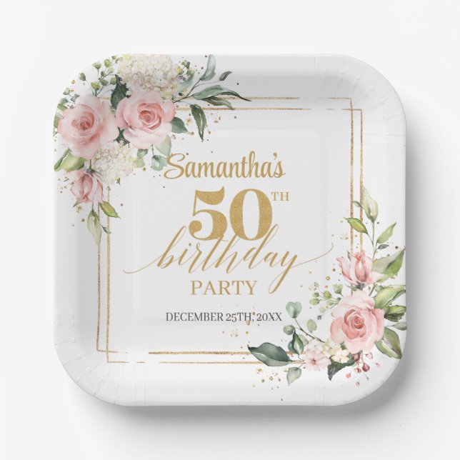 Modern Boho blush pink floral gold 50th birthday Paper Plates (Front)