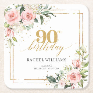 Modern Boho blush pink floral gold 90th birthday Square Paper Coaster