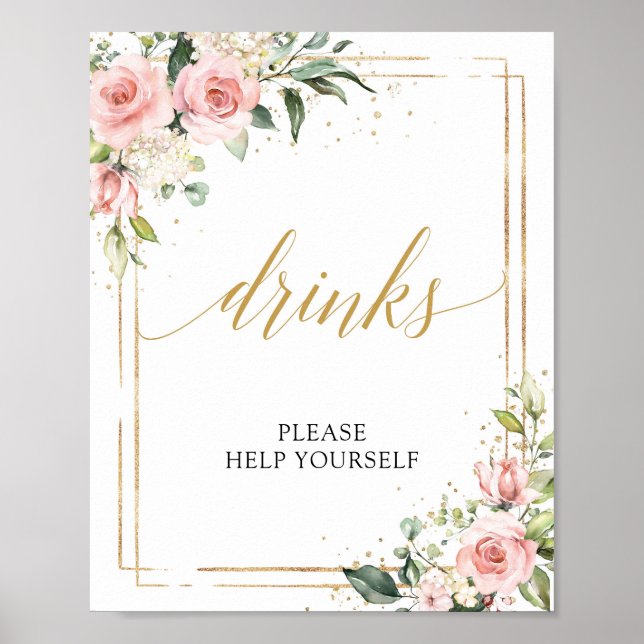 Modern boho blush pink floral gold drinks sign (Front)